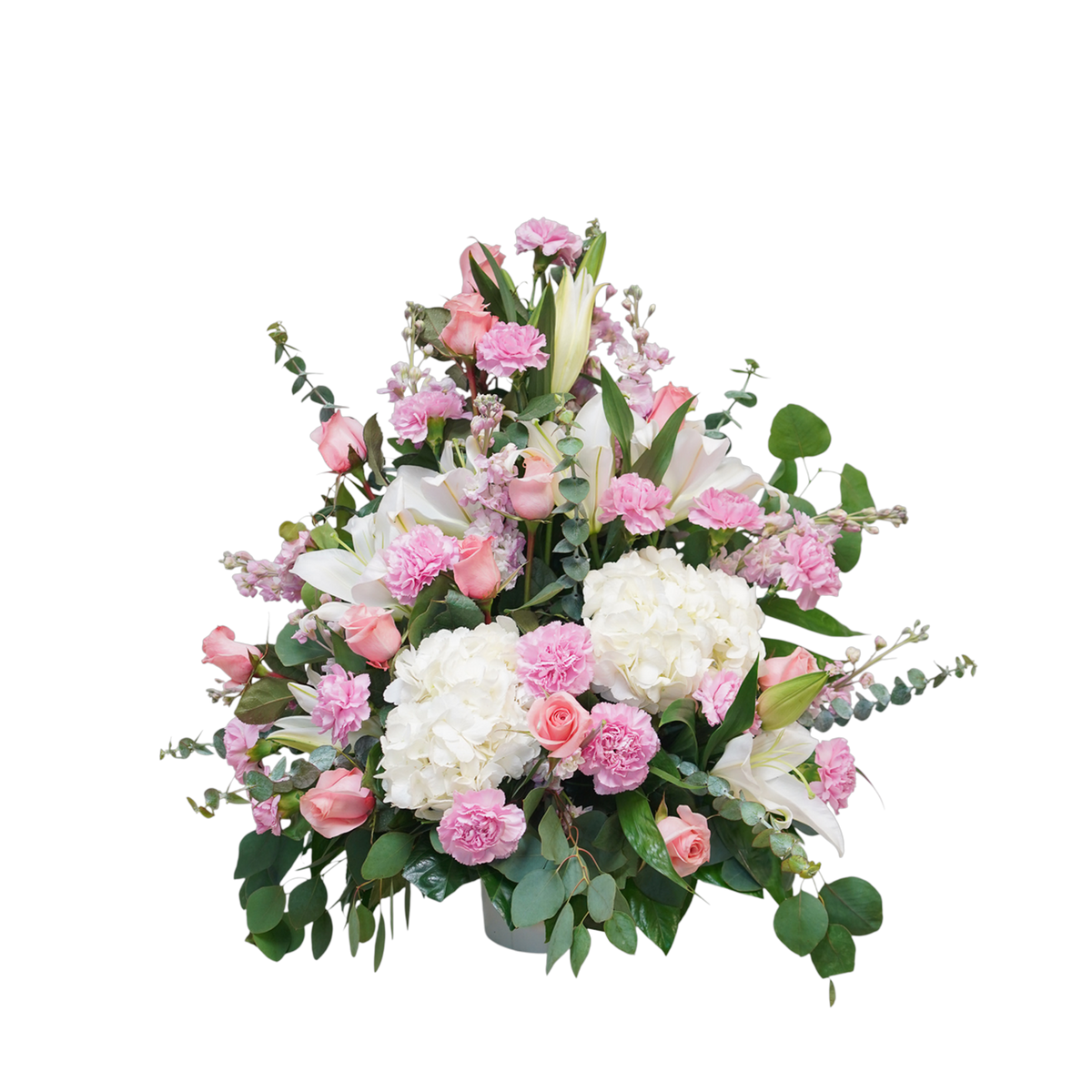 CN-05 Canasta funeral de rosas, claveles, lirios y hortensias