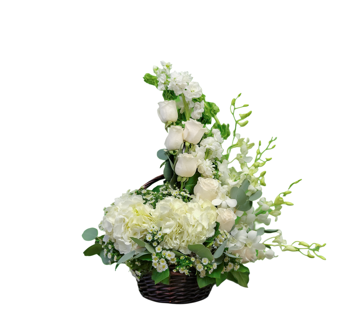 N-16 Arreglo de rosas, hortensias, stock y orquídeas