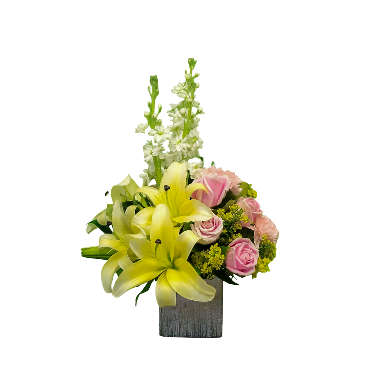 N-3 Arreglo de lirios, rosas, spray roses, solidago y stock