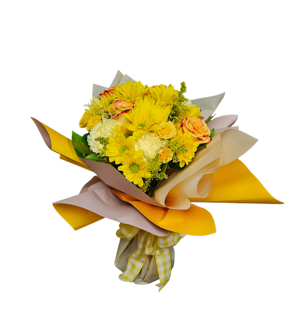 AM-1 Bouquet de margaritas, rosas, claveles, girasoles, spray roses y solidago
