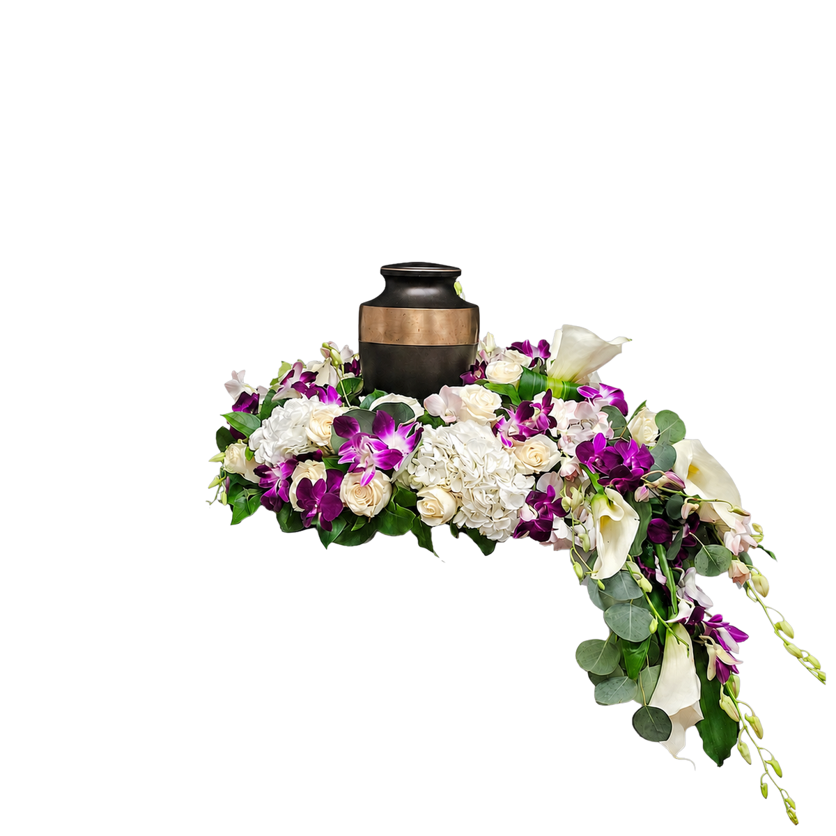 UR-10 Arreglo para urna de rosas, lirios cala, orquídeas y hortensias