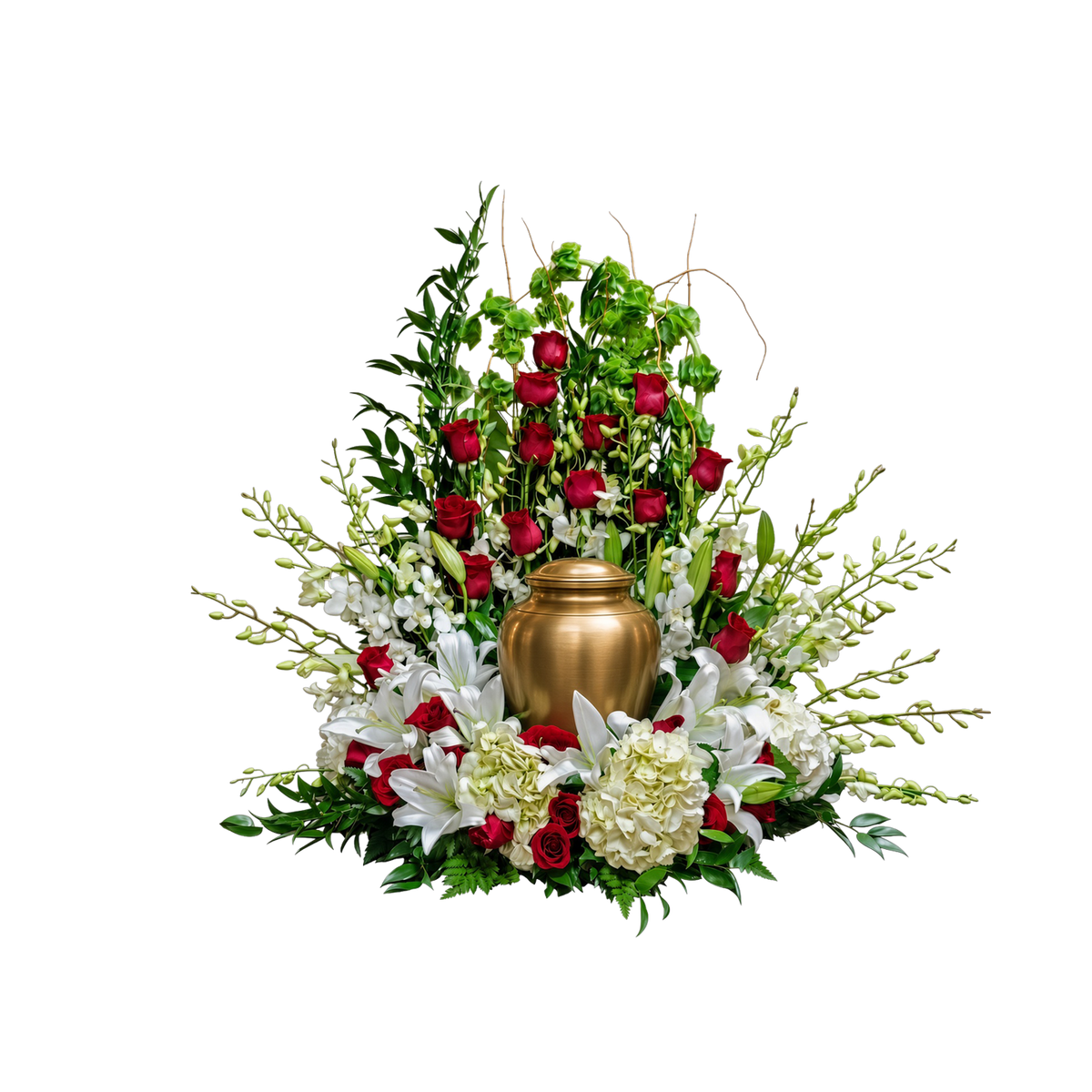UR-14 Arreglo para urna de rosas, orquídeas, hortensias, campana de Irlanda y lirios casablanca