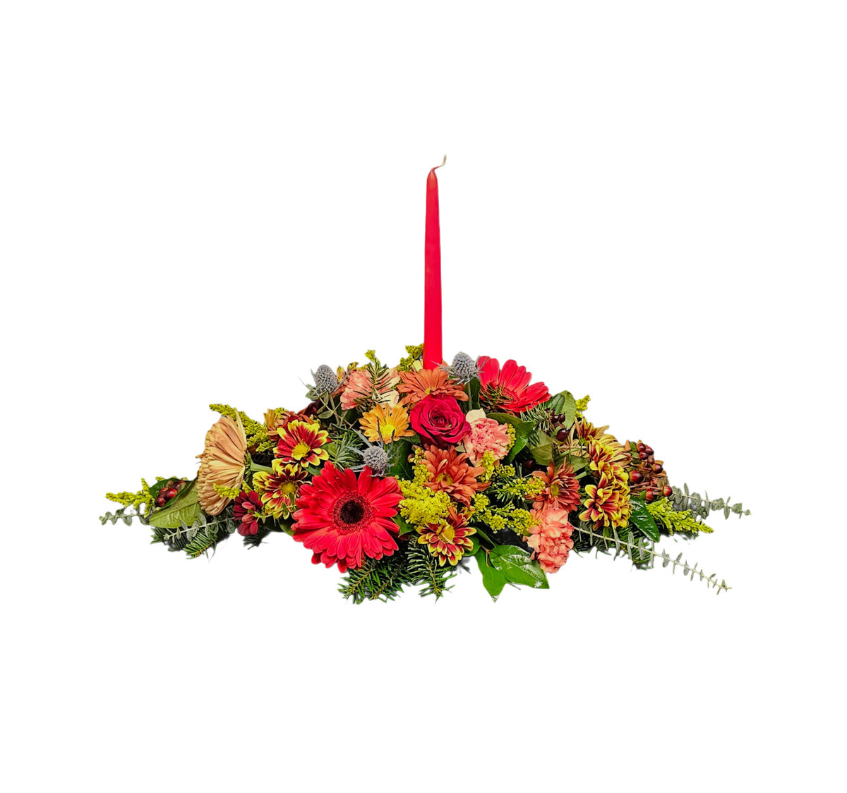 FL-3 Centro de mesa alargado para el otoño de gerberas, lirios, rosas, margaritas, spray roses, crisantemos y eryngium