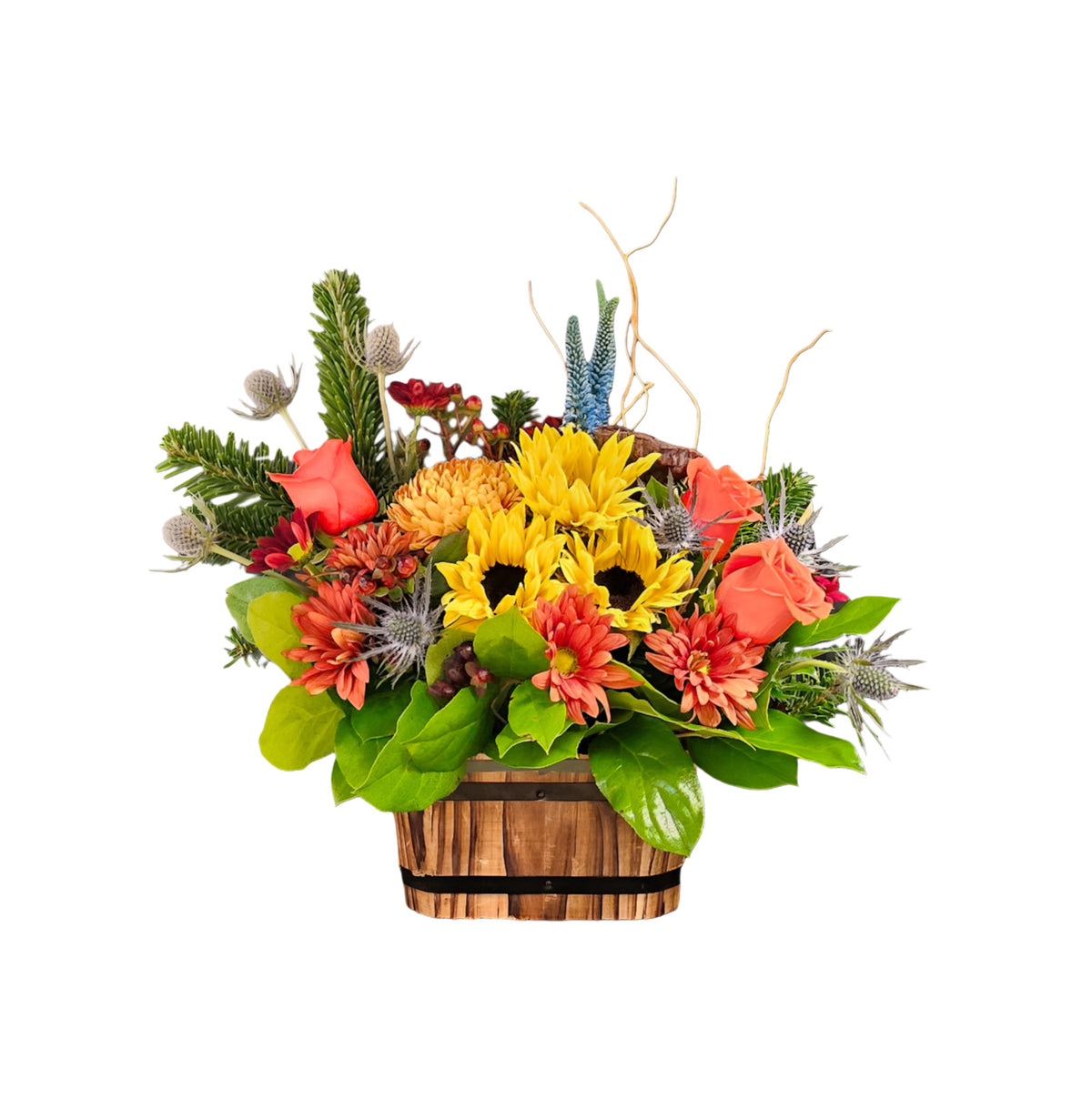 FL-4 Arreglo de margaritas, rosas, girasoles, verónicas y crisantemos