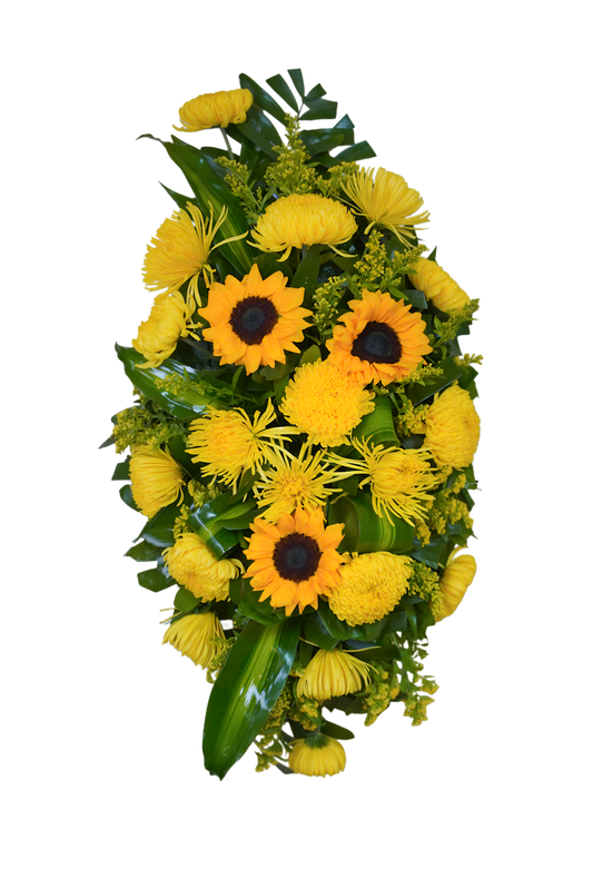 CR-08 Corona de crisantemos, spiders, girasoles y solidago con cinta impresa