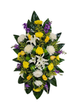 CR-14 Corona de rosas, crisantemos, spiders, lirios, stocks y solidago con cinta impresa