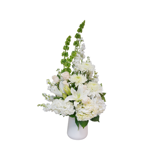 AR-11 Arreglo funeral de rosas, crisantemos, hortensias, stocks, campana de Irlanda y lirios casablanca