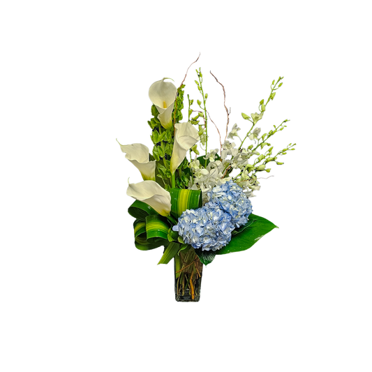 AR-13 Arreglo funeral de lirios cala, orquídeas, hortensias y campana de Irlanda