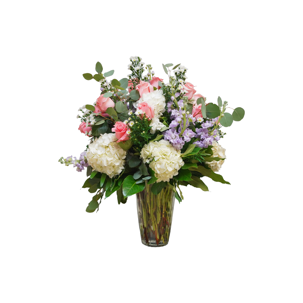 AR-15 Arreglo funeral de rosas, hortensias y stocks