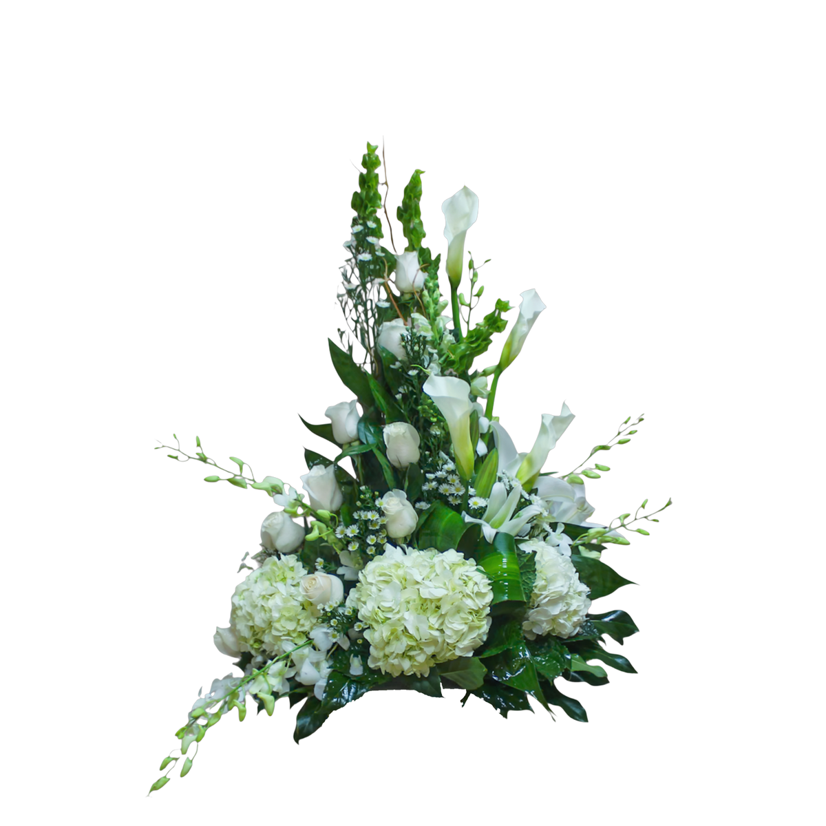 AR-16 Arreglo funeral de rosas, lirios cala, orquídeas, hortensias, lirios casablanca y campana de Irlanda
