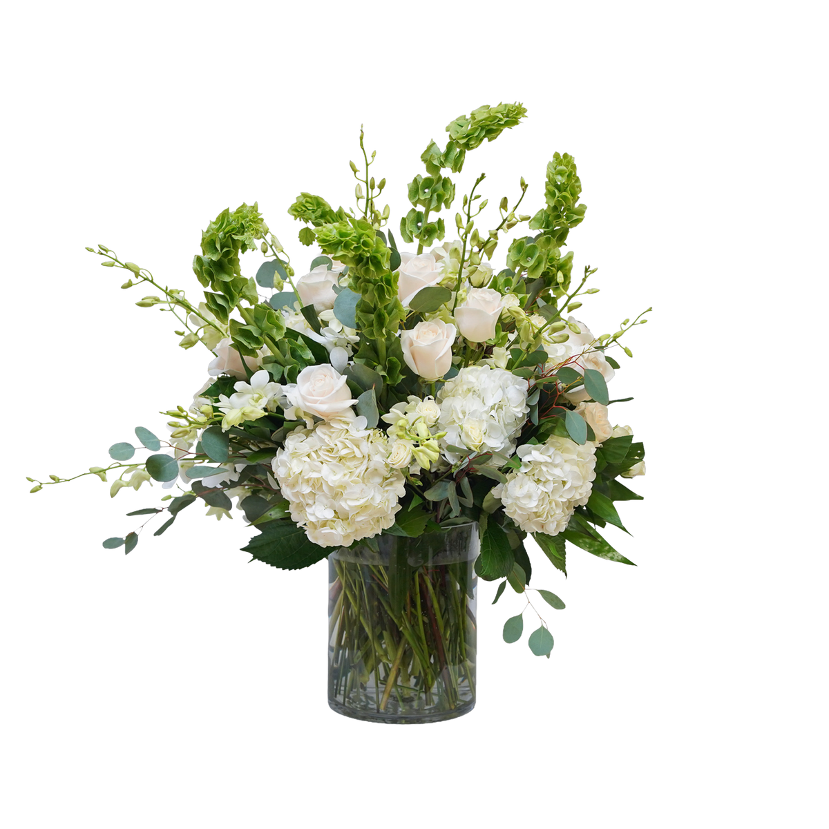 AR-18 Arreglo funeral de rosas, orquídeas, hortensias y campana de Irlanda