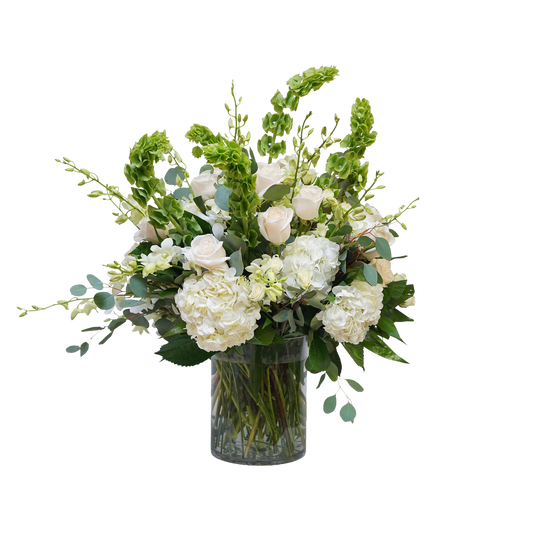 AR-18 Arreglo funeral de rosas, orquídeas, hortensias y campana de Irlanda