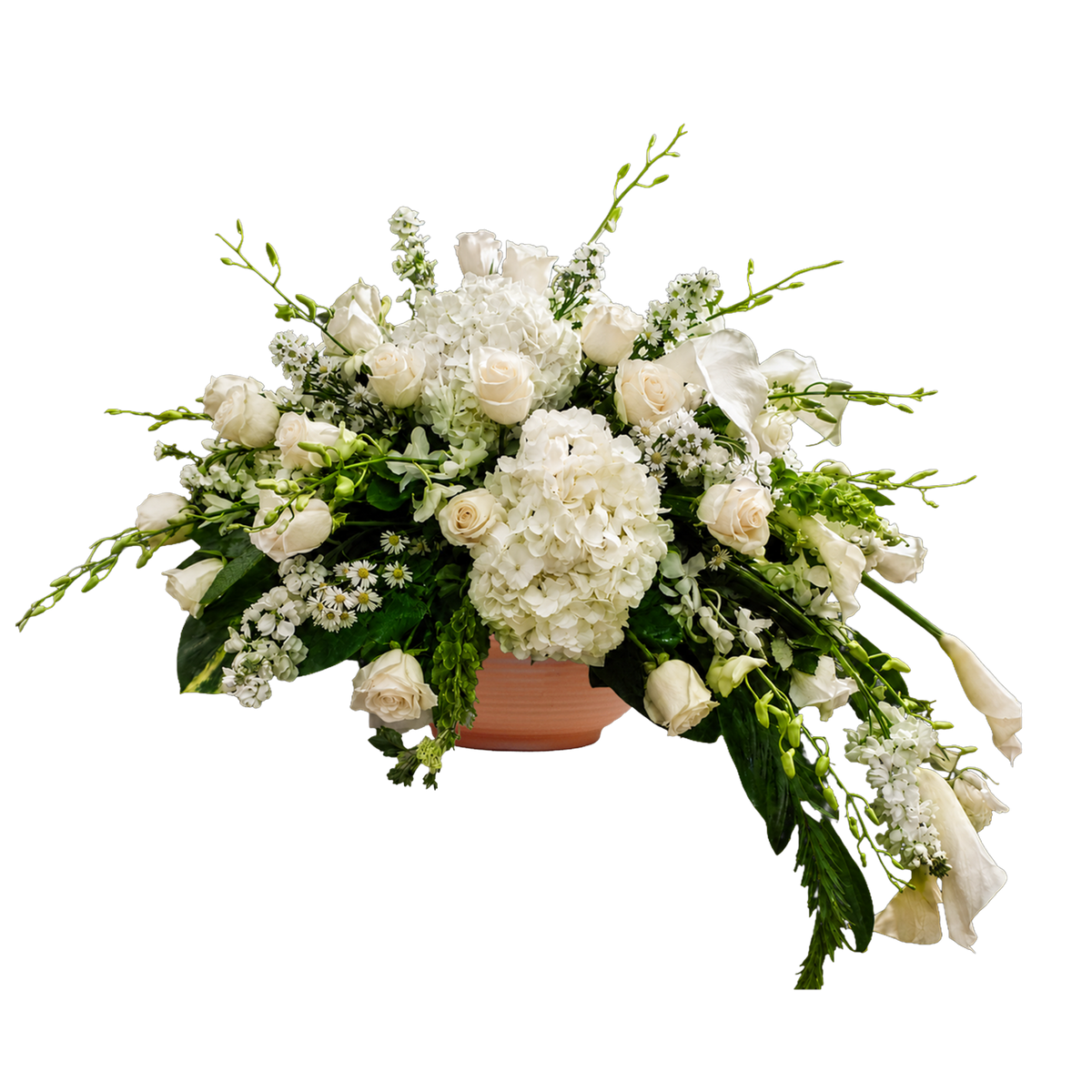 AR-20 Arreglo funeral de rosas, lirios cala, orquídeas, hortensias y campana de Irlanda
