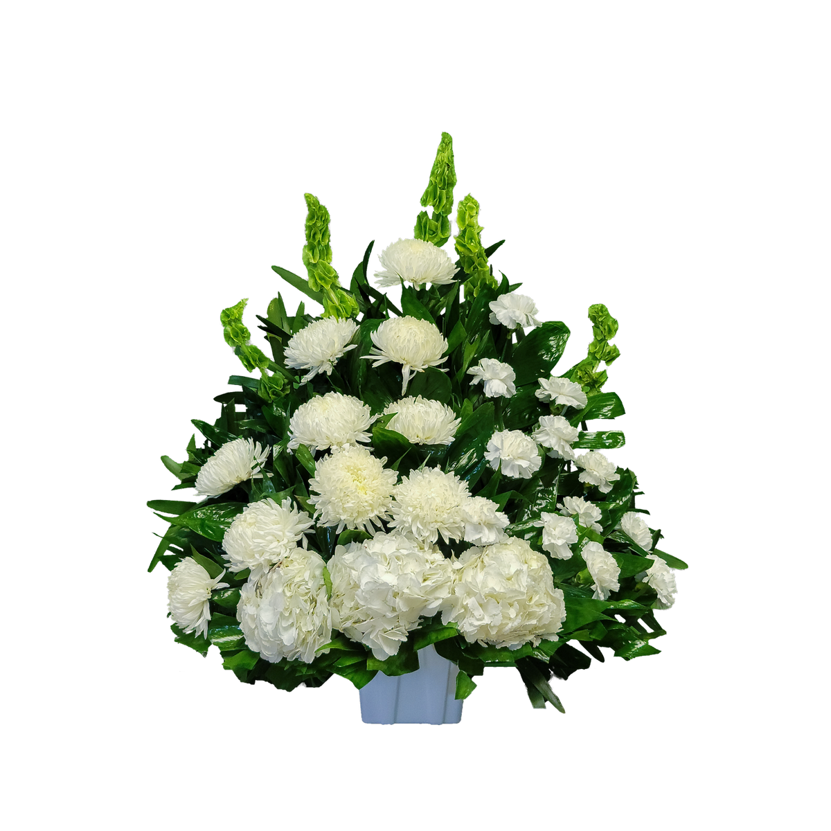 CN-03 Canasta funeral de claveles, crisantemos, hortensias y campana de Irlanda