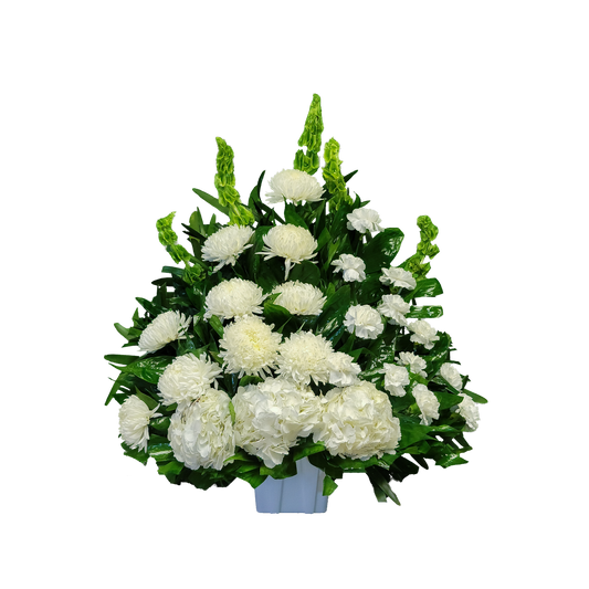 CN-03 Canasta funeral de claveles, crisantemos, hortensias y campana de Irlanda