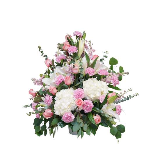 CN-05 Canasta funeral de rosas, claveles, lirios y hortensias