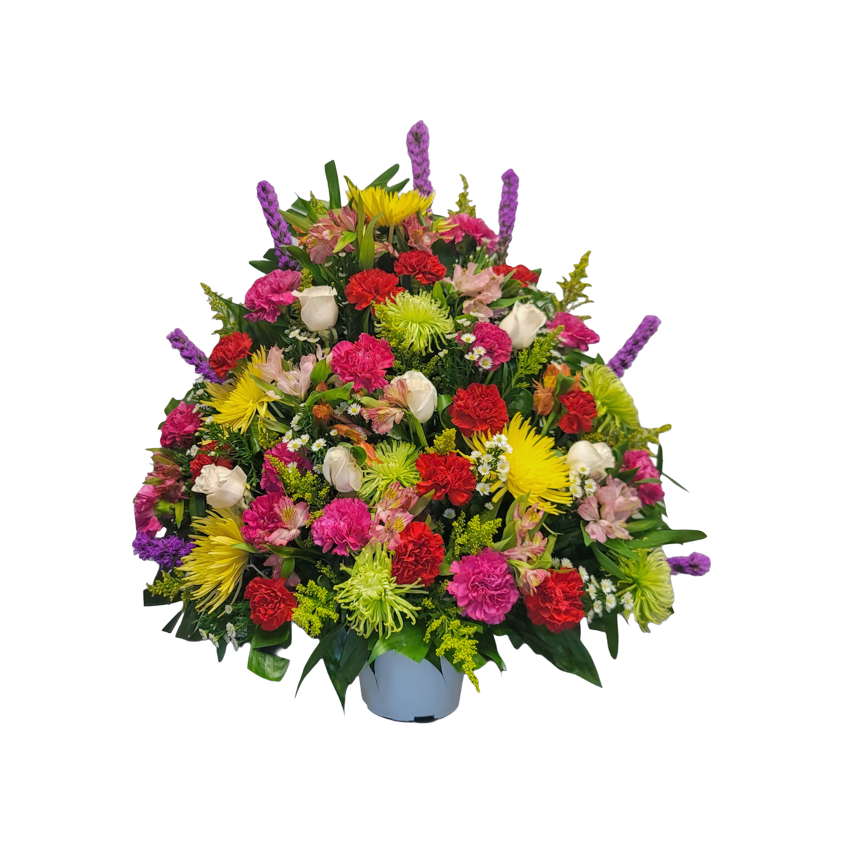 CN-08 Canasta funeral de rosas, claveles, spiders, stocks, liatris y alstroemerias