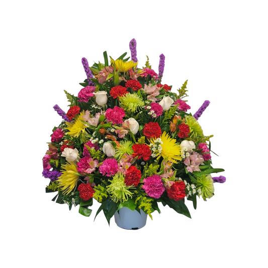 CN-08 Canasta funeral de rosas, claveles, spiders, stocks, liatris y alstroemerias