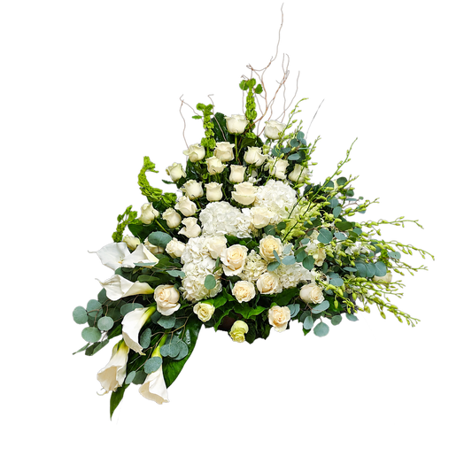 CN-14 Canasta funeral de rosas, lirios cala, orquídeas, hortensias y campana de Irlanda