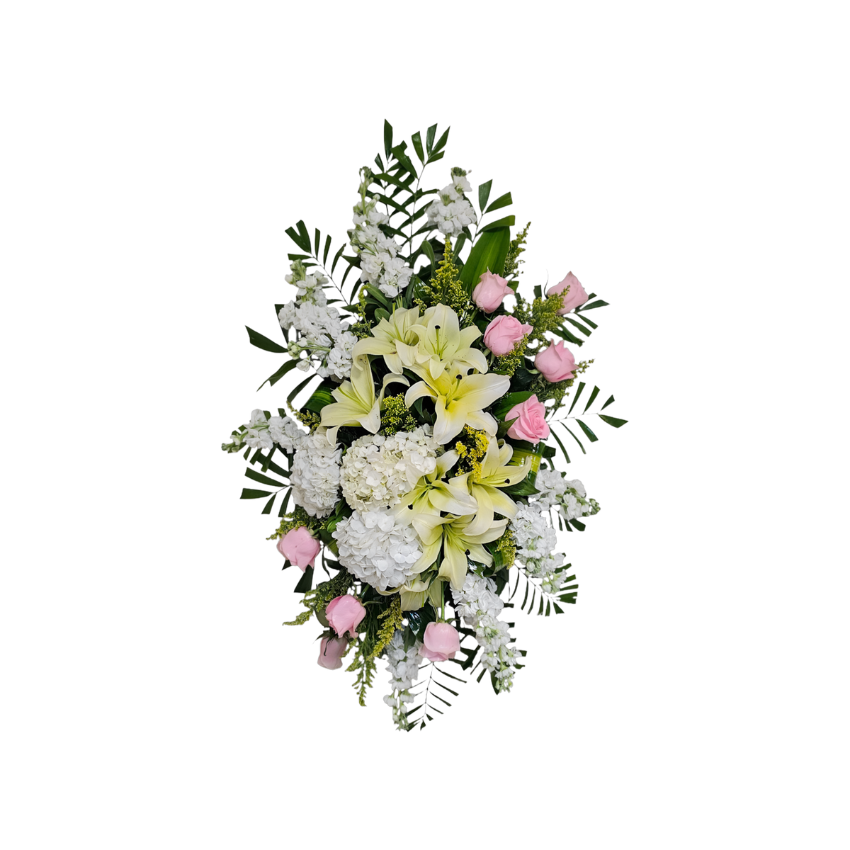 CR-12 Corona de rosas, hortensias, stocks y lirios amarillos