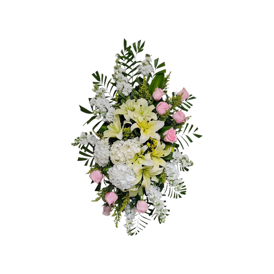 CR-12 Corona de rosas, hortensias, stocks y lirios amarillos