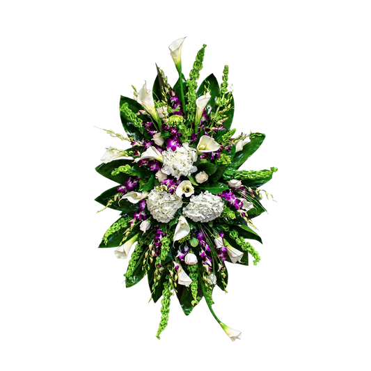 CR-23 Corona de rosas, lirios cala, orquídeas, hortensias y campana de Irlanda