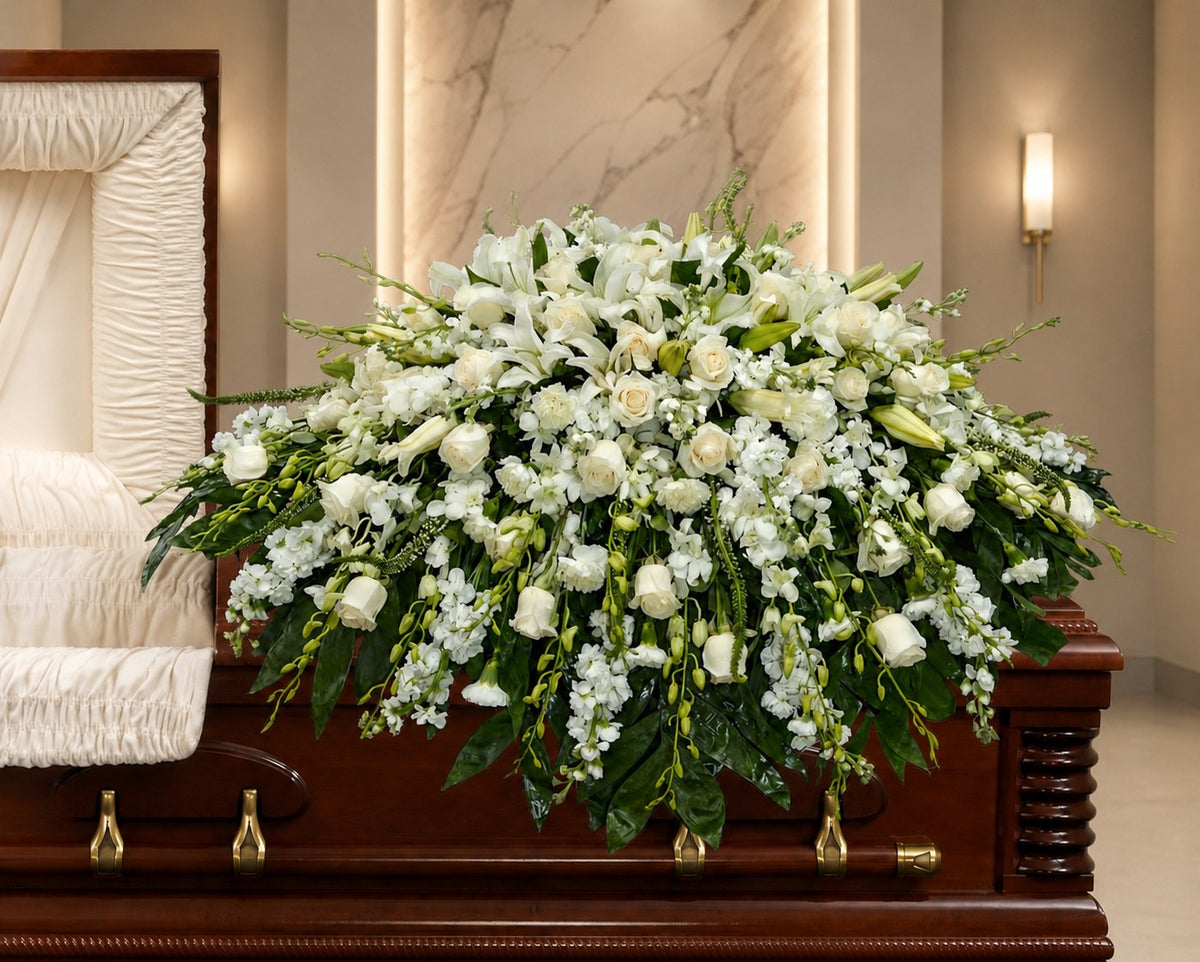 CV-12 Casket cover de rosas, claveles, orquídeas, lirios, stocks y verónicas