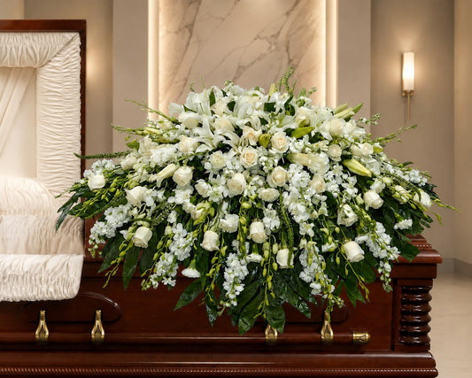 CV-12 Casket cover de rosas, claveles, orquídeas, lirios, stocks y verónicas