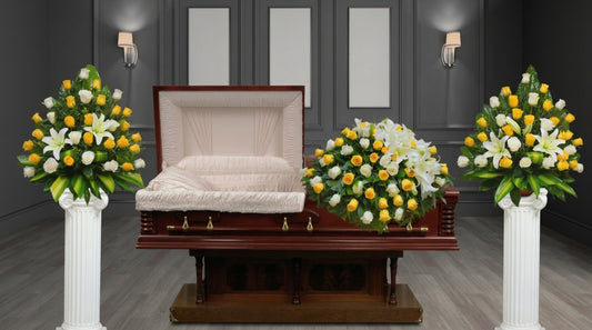 CV-21 Set funeral de rosas y lirios amarillos: casket cover y 2 arreglos