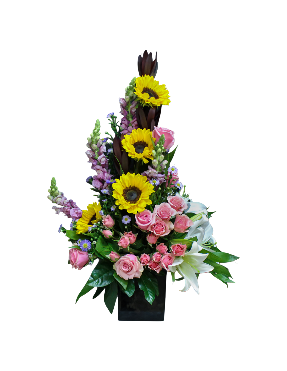 N-17 Arreglo de girasoles, rosas, lirios, spray roses y snapdragon