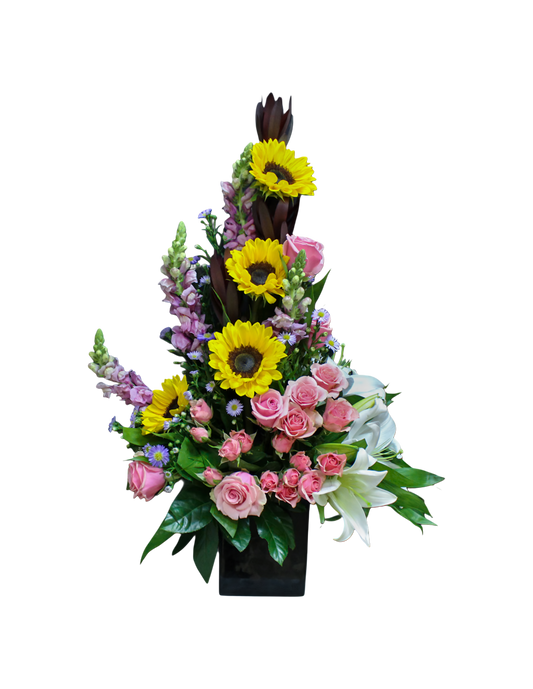 N-17 Arreglo de girasoles, rosas, lirios, spray roses y snapdragon