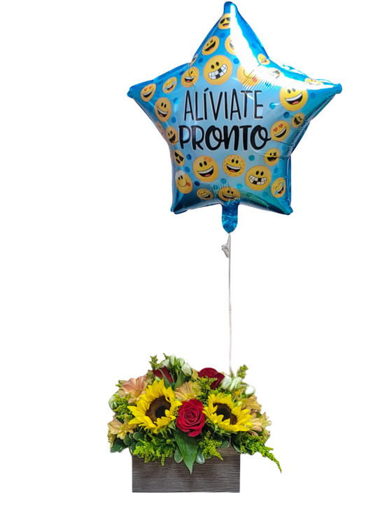 GT-2 Arreglo de girasoles, rosas, alstroemerias, spray roses y solidago con globo