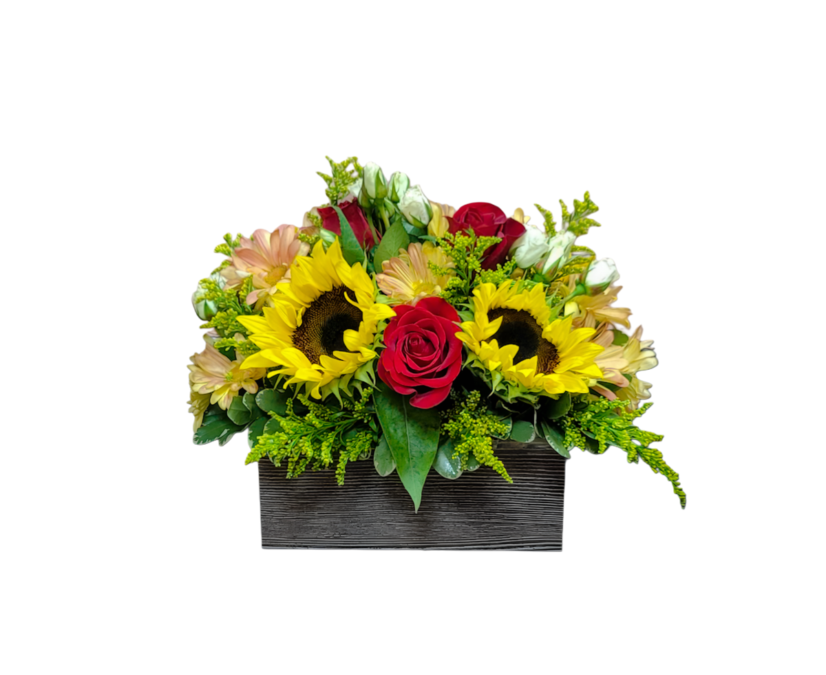 GT-2 Arreglo de girasoles, rosas, alstroemerias, spray roses y solidago con globo