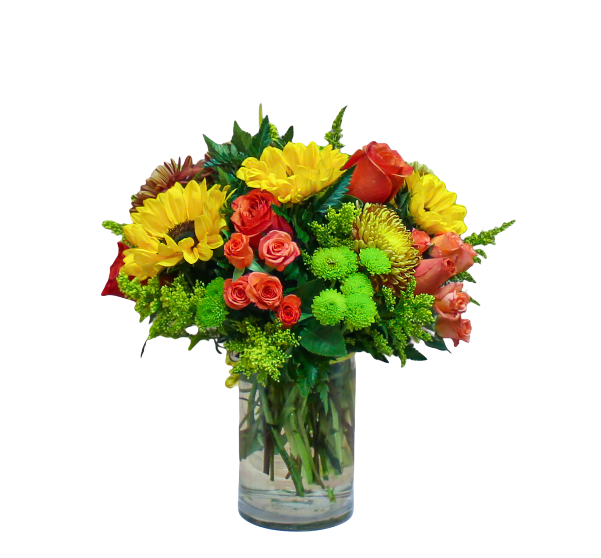 GT-9 Arreglo rosas, spray roses, girasoles, pinoccios, solidago y spiders