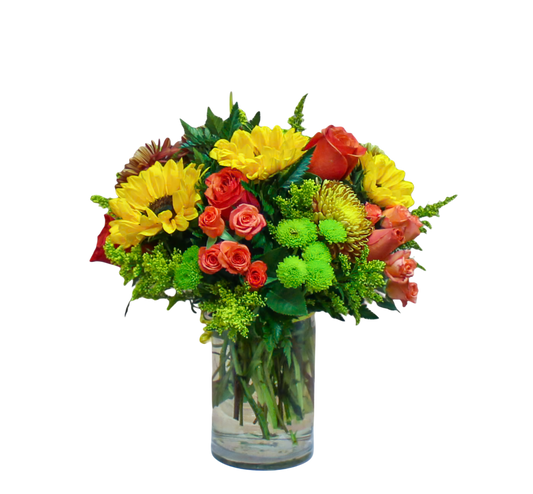 GT-9 Arreglo rosas, spray roses, girasoles, pinoccios, solidago y spiders