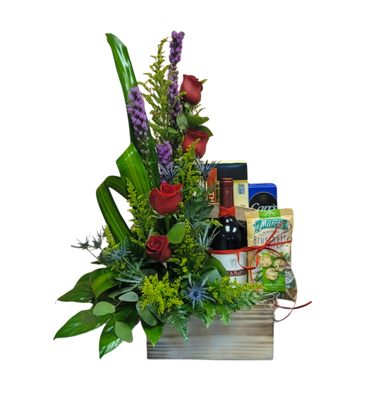 HA-8 Canasta gourmet con vino y flores