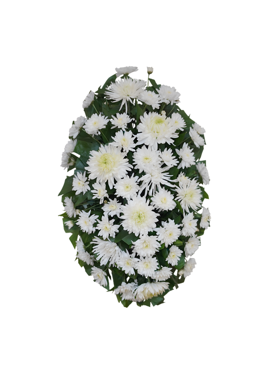 CR-01 Corona de pompones, crisantemos y spiders con cinta impresa