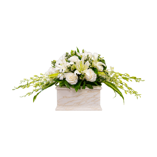UR-02 Arreglo para urna de rosas, orquídeas y lirios casablanca