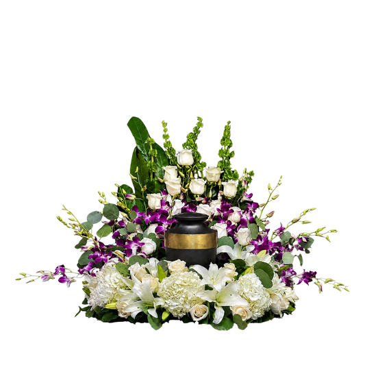 UR-12 Arreglo para urna de rosas, orquídeas, lirios, hortensias y campana de Irlanda