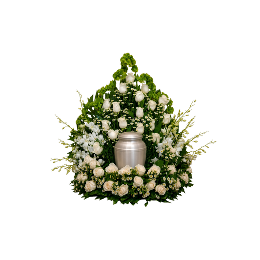 UR-13 Arreglo para urna de rosas, orquídeas y campana de Irlanda