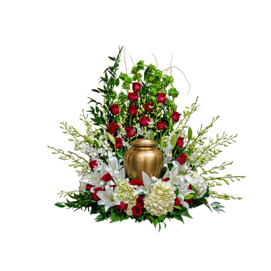 UR-14 Arreglo para urna de rosas, orquídeas, hortensias, campana de Irlanda y lirios casablanca