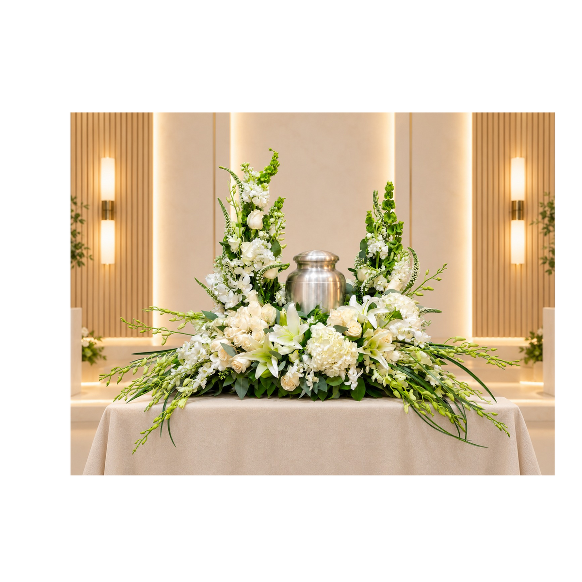 UR-16 Arreglo para urna de rosas, orquídeas, hortensias, stocks, lirios casablanca y campana de Irlanda