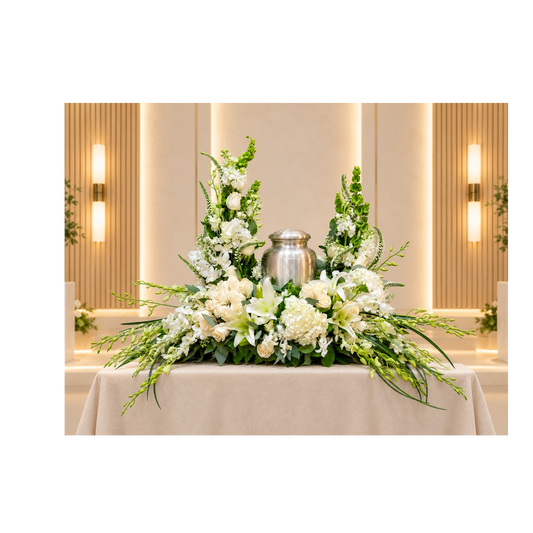UR-15 Arreglo para urna de rosas, orquídeas, hortensias, stocks, lirios casablanca y campana de Irlanda
