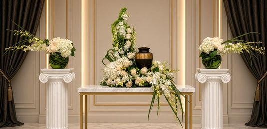UR-18 Set de urna de rosas, orquídeas, hortensias, stocks y campana de Irlanda: urna y 2 arreglos