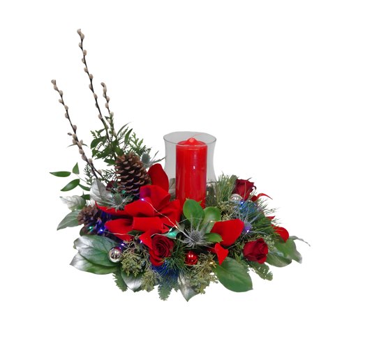 ND-40 Arreglo para centro de mesa navideño de rosas y eryngium con luces