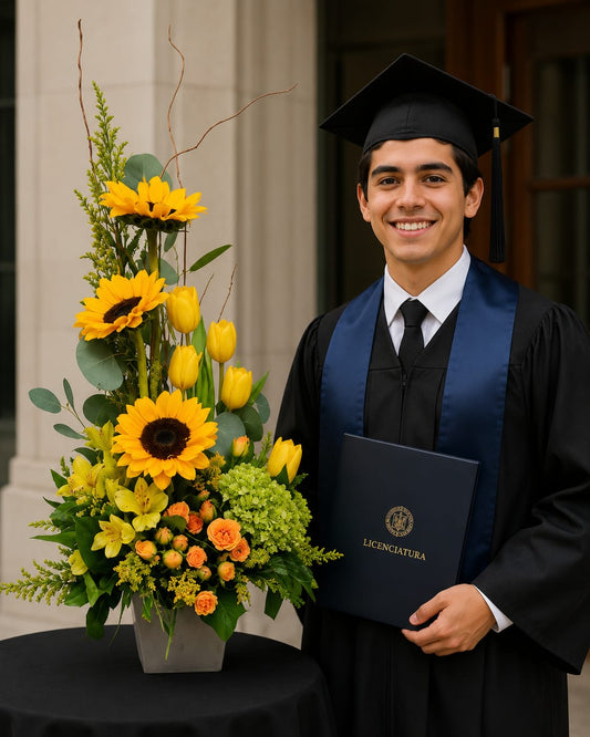 AG-3 Arreglo de graduación de girasoles, tulipanes, hortensias, alstroemerias y rosas miniaturas