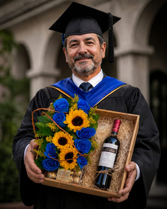 AG-6 Arreglo de graduación de rosas, girasoles, solidago, chocolates y botella de vino
