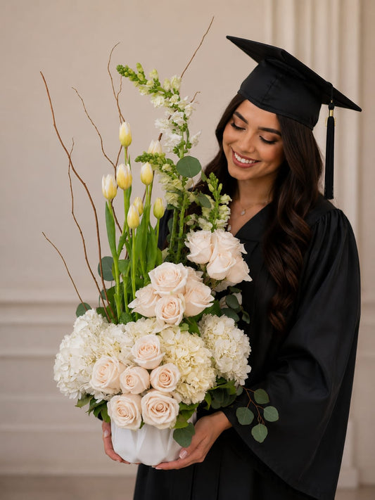 AG-7 Arreglo de graduación de hortensias, rosas, tulipanes y stocks