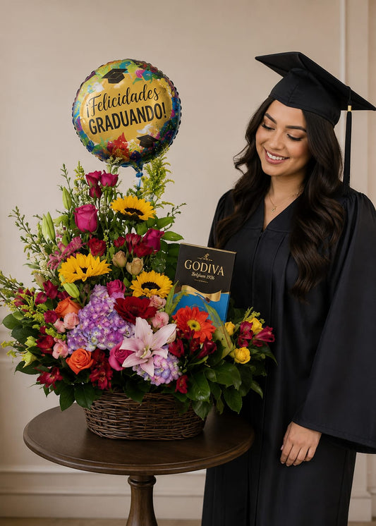 AG-8 Arreglo de graduación de rosas, lirios, hortensias, orquídeas dendrobium, girasoles, gerberas, rosas miniaturas, globo y chocolates