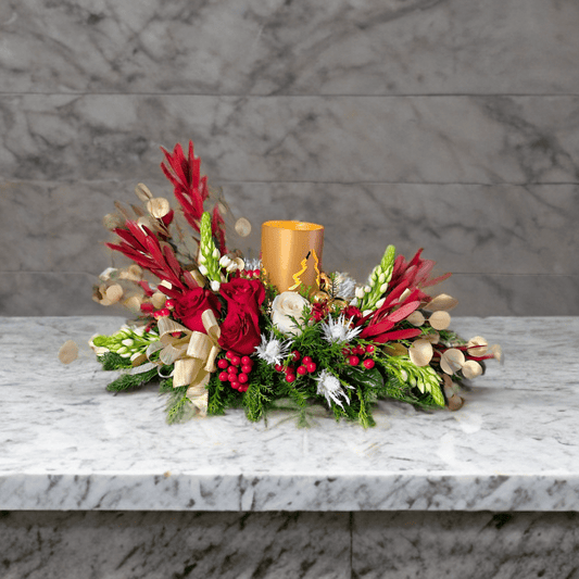 ND-31 Centro de mesa navideño de rosas, estrella de Belén, eryngium y safari sunset